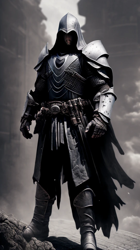 a knight in black and purple armour, cinematic lighting, full body, long cloak, hooded assassin, black wings, ambient lighting, (best quality,4k,8k,highres,masterpiece:1.2),ultra-detailed,(realistic,photorealistic,photo-realistic:1.37),blue eyes,dramatic composition,intricate details,moody atmosphere,chiaroscuro lighting,dynamic pose,powerful presence