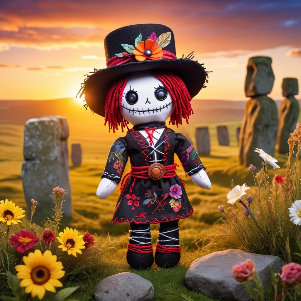 (knitted toy voodoo doll:1.7), (Voodoo doll:1.3), (Clothing: casual rural outfit with stone patterns:1.0), (Accessories: binoculars, hat:1.1), (background: historical Stonehenge with floating flowers, glowing stones and sparkling sunrise: 1.2), best quality, masterpiece, detailed soft oil painting, detailed background, dramatic cinematic lighting, soft edge lighting, professional, dramatic lighting, hard edge lighting, ultra quality, 4k,masterpiece, best quality, 8k, ultra highres, highres, extremely detailed
