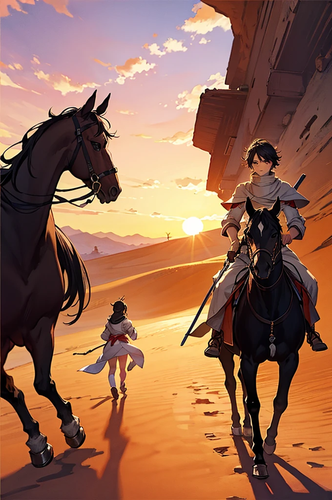 Desert Sunset，A young swordsman leads a horse，Walking in the desert，Beautiful view