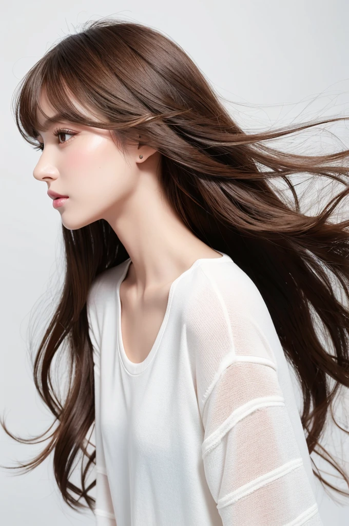 (Highest quality、Tabletop、8K、Best image quality、Award-winning works)、((profile:1.4))、ear、((Long Hair:1.46)),(Brown Hair)、(White casual clothes:1.2)、(The simplest pure white background:1.3)、(Perfectly fixed in front:1.1),(Portrait with Space:1.2)、Beautiful and exquisite、Perfect Makeup、Ultra-high definition beauty face、Ultra HD Hair、Ultra HD Shining Eyes、Super high quality glossy lip、Accurate anatomy、Very beautiful skin、(Pure white skin shining in ultra-high resolution:1.1)、(Very bright:1.2),Big Natural Color Lip、Lip gloss,Harajuku、cute、cute美人
