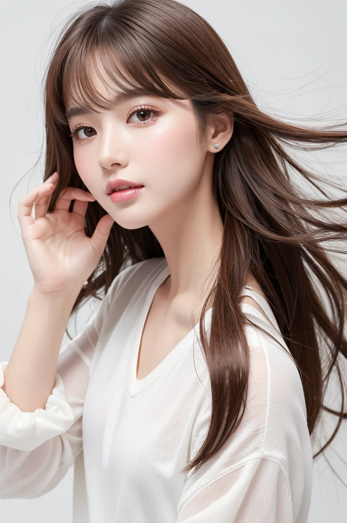 (Highest quality、Tabletop、8K、Best image quality、Award-winning works)、((profile:1.4))、ear、((Long Hair:1.46)),(Brown Hair)、(White casual clothes:1.2)、(The simplest pure white background:1.3)、(Perfectly fixed in front:1.1),(Portrait with Space:1.2)、Beautiful and exquisite、Perfect Makeup、Ultra-high definition beauty face、Ultra HD Hair、Ultra HD Shining Eyes、Super high quality glossy lip、Accurate anatomy、Very beautiful skin、(Pure white skin shining in ultra-high resolution:1.1)、(Very bright:1.2),Big Natural Color Lip、Lip gloss,Harajuku、cute、cute美人