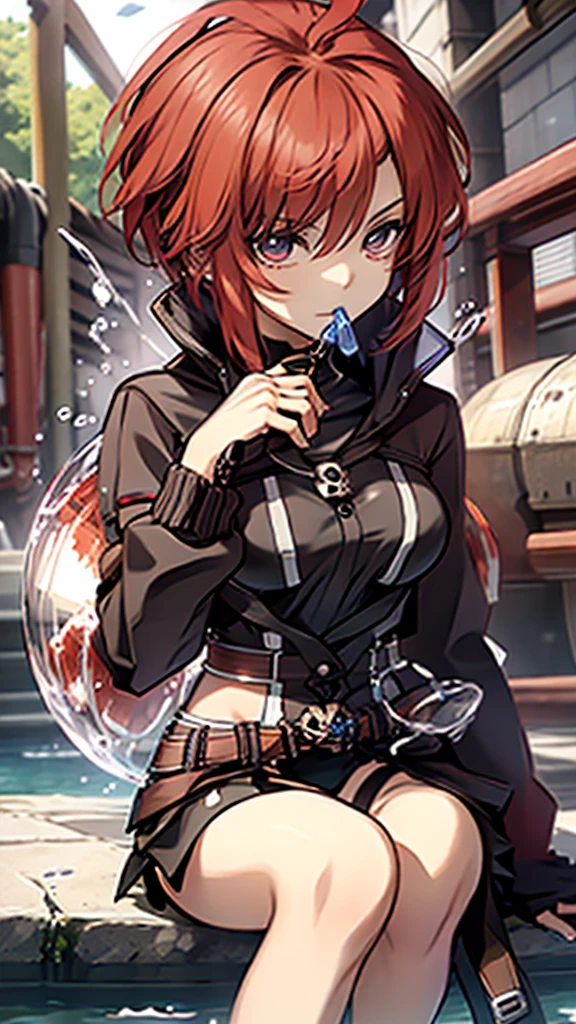 Anime, 1 girl, red hair, short hair, Sit back and relax., Hand holding a glass water bottle, Drink water, red nectar (Skull-shaped round bottle), Take it easy, friendly