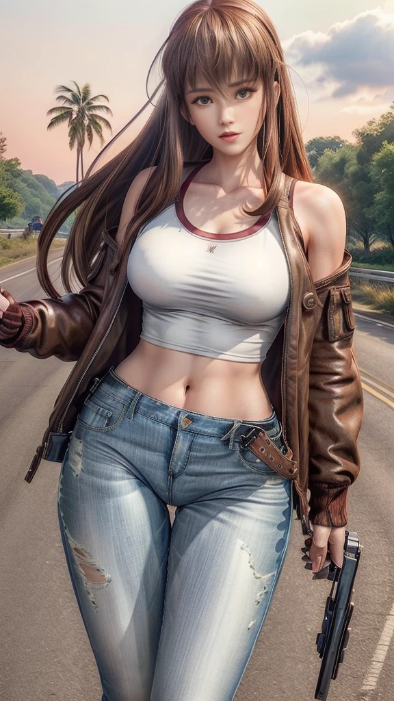 Woman riding a classic bike, Beautuful Women，Red long hair, full scene shot, Best Quality, Evening glow, Steppe road, blows wind,look up sky， Beautuful Women, Outdoor Scene, dark red hair, Natural view, rot，leather jackets, Navel Ejection, tight pants， sexy long legs, (thigh gap: 1.5),(buttocks raised, wide hips),  Highly detailed facial and skin texture, Detailed eyes, double eyelid,Full body, 20-year-old female model, octane render,Two-tone lighting,Wide aperture,Low ISO,White Balance, Driving a classic motorcycle, landscape