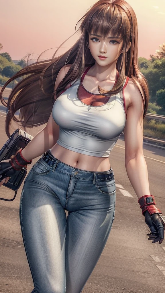 Woman riding a classic bike, Beautuful Women，Red long hair, full scene shot, Best Quality, Evening glow, Steppe road, blows wind,look up sky， Beautuful Women, Outdoor Scene, dark red hair, Natural view, rot，leather jackets, Navel Ejection, tight pants， sexy long legs, (thigh gap: 1.5),(buttocks raised, wide hips),  Highly detailed facial and skin texture, Detailed eyes, double eyelid,Full body, 20-year-old female model, octane render,Two-tone lighting,Wide aperture,Low ISO,White Balance, Driving a classic motorcycle, landscape