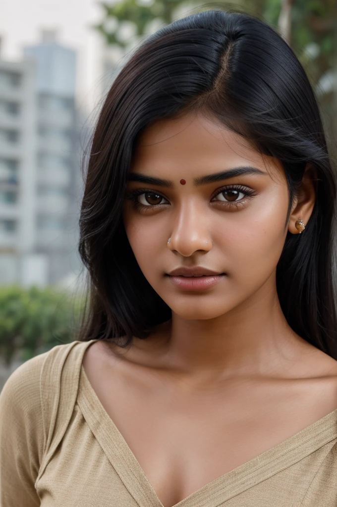 A photorealistic portrait of a 20-year-old Indian woman with black hair and brown eyes, dressed modern attire, close-up shot, 8k hdr, high detailed, emphasis on facial features, high quality, she should exude confidence and grace under soft, diffused natural lighting.
