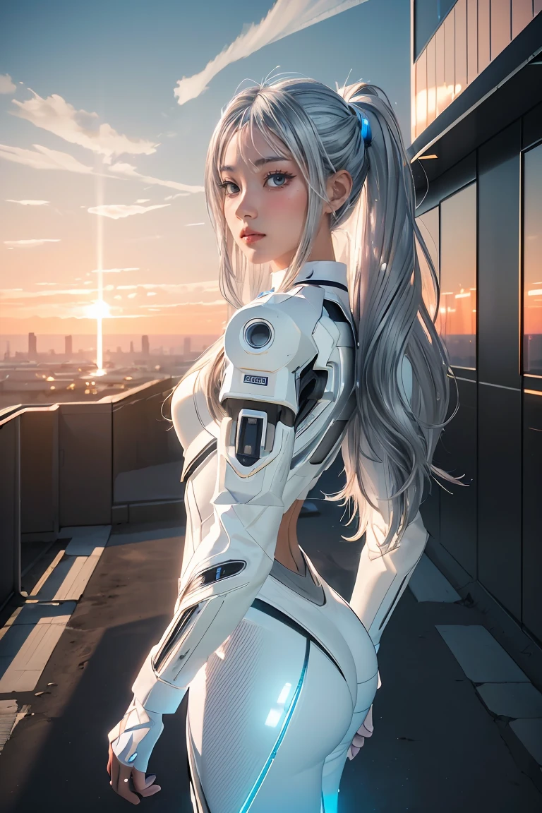 ((masterpiece, best quality, extremely detailed), volumetric lighting, ambient occlusion, colorful, glowing), 
1girl, solo, young girl, (silver hair), long hair, halo, aura, sacred, goddess, cyber suit, (white outfit:1.3), 
outdoors, sunset, sky, clouds, space, (cyberpunk theme:1.2),