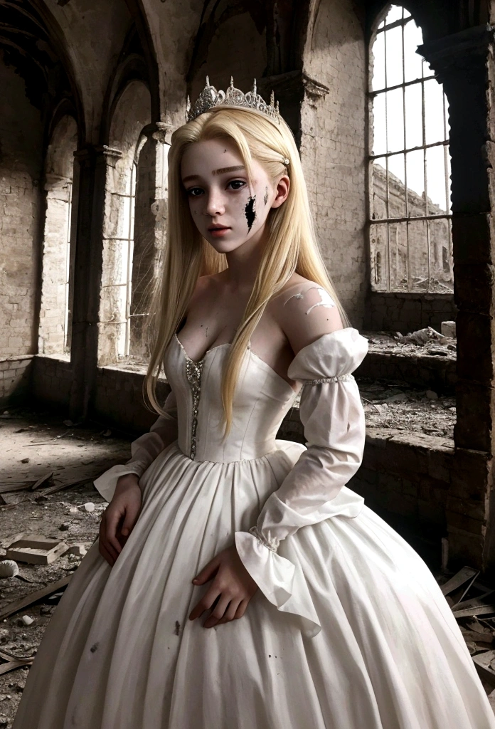 The princess has blonde hair, 20 years old, wearing a white dress. her beauty is combined with the horror of the wounds on her face and body. he was standing in an abandoned castle. terrible atmosphere.