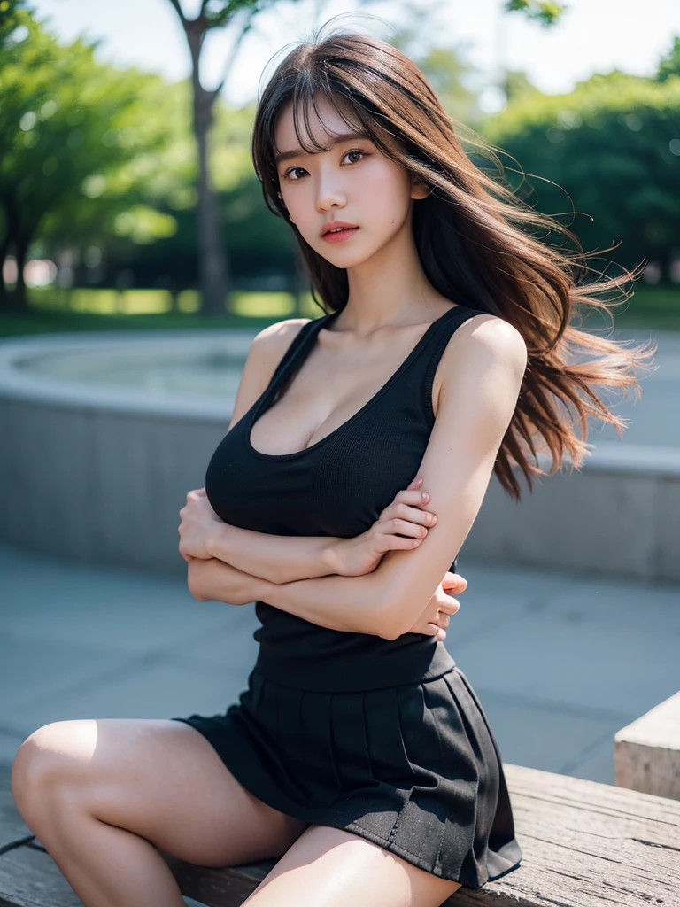 21 years old female, long hair, RAW photo, bokeh (realism: 1.4, realistic), high detail CG unified 8K wallpaper, 1girl, ((slim body: 1)), ((natural big breast:1.3)), back to viewer, ((direct view from the front)), (HQ skin: 1.4), 8k uhd, dslr, soft light, high quality, film grain, Fujifilm XT3, ((knit tank top, black short skirt)), ((outdoor, at park))) jangjoo, portrait,((Layered medium Haircut, black hire)), (looking at viewer:1.4), (((photo up to the knee))), ((height 165cm)), (((crossed arms)))