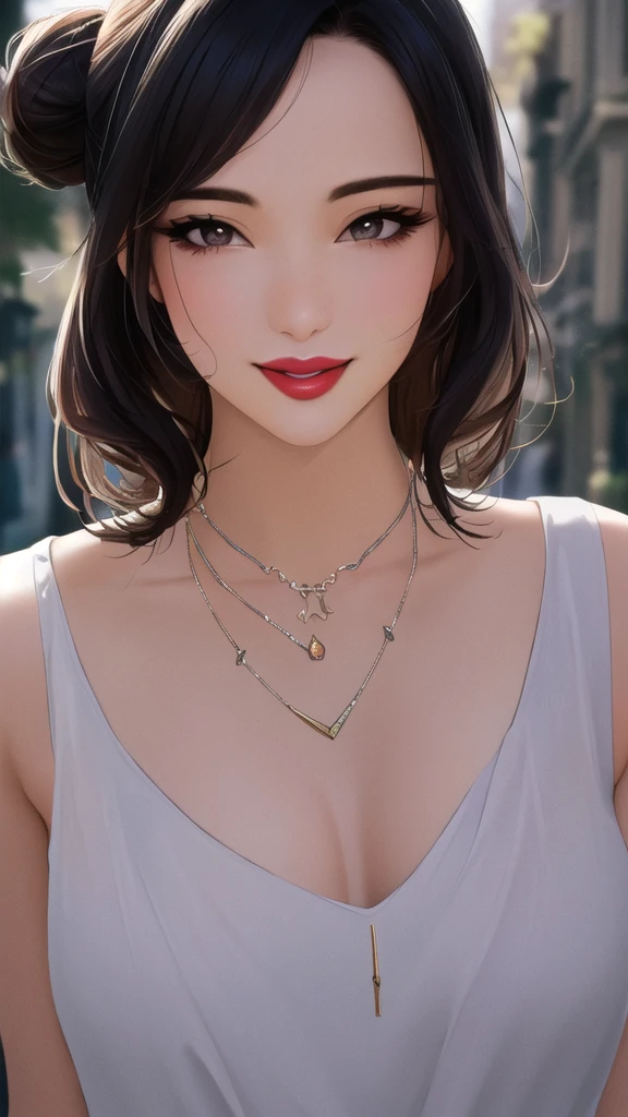 ((masterpiece)), ((best quality)), (ultra-detailed), absurdres, extremely detailed CG unity 8k wallpaper, Official Art, beautiful face, detailed hands, expressive eyes, upper body, close up, solo, (street, scenery, illustration, dramatic lighting:1.1), (standing, arm at side, seductive smile, parted lips:1.2), (1girl, mature female, milf, motherly, sharp eyelashes, lips:1.4), (necklace, jewelry:1.3), ((masterpiece)), , absurdres, HDR, Single hair bun, visible forehead, no bangs, nsfw,