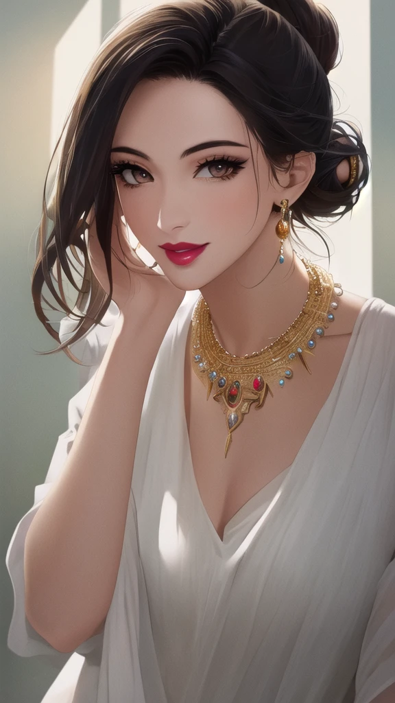 ((masterpiece)), ((best quality)), (ultra-detailed), absurdres, extremely detailed CG unity 8k wallpaper, Official Art, beautiful face, detailed hands, expressive eyes, upper body, close up, solo, (street, scenery, illustration, dramatic lighting:1.1), (standing, arm at side, seductive smile, parted lips:1.2), (1girl, mature female, milf, motherly, sharp eyelashes, lips:1.4), (necklace, jewelry:1.3), ((masterpiece)), , absurdres, HDR, Single hair bun, visible forehead, no bangs, nsfw,