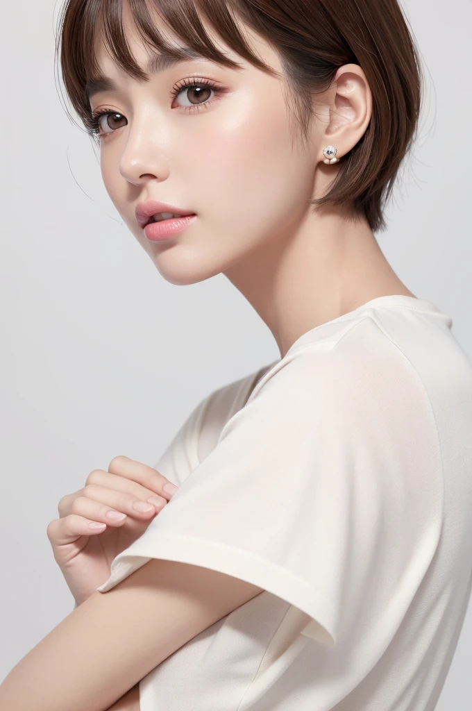 (Highest quality、Tabletop、8K、Best image quality、Award-winning works)、((profile:1.4))、ear、((short hair:1.46)),(Brown Hair)、(White casual clothes:1.2)、(The simplest pure white background:1.3)、(Perfectly fixed in front:1.1),(Portrait with Space:1.2)、Beautiful and exquisite、Perfect Makeup、Ultra-high definition beauty face、Ultra HD Hair、Ultra HD Shining Eyes、Super high quality glossy lip、Accurate anatomy、Very beautiful skin、(Pure white skin shining in ultra-high resolution:1.1)、(Very bright:1.2),Big Natural Color Lip、Lip gloss,Harajuku、cute、cute美人