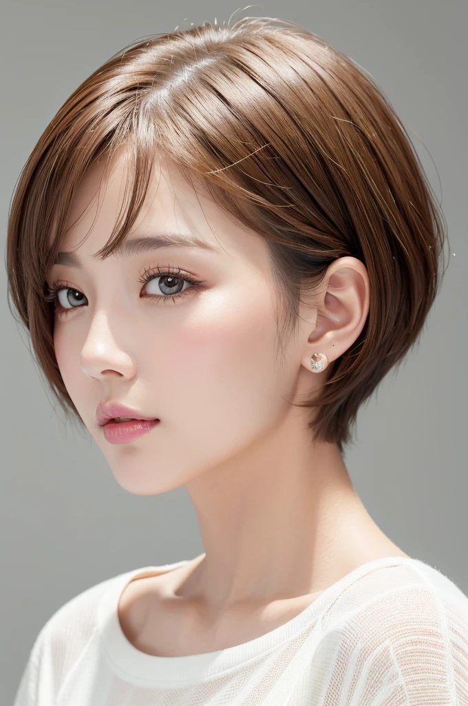 (Highest quality、Tabletop、8K、Best image quality、Award-winning works)、((profile:1.4))、ear、((short hair:1.46)),(Brown Hair)、(White casual clothes:1.2)、(The simplest pure white background:1.3)、(Perfectly fixed in front:1.1),(Portrait with Space:1.2)、Beautiful and exquisite、Perfect Makeup、Ultra-high definition beauty face、Ultra HD Hair、Ultra HD Shining Eyes、Super high quality glossy lip、Accurate anatomy、Very beautiful skin、(Pure white skin shining in ultra-high resolution:1.1)、(Very bright:1.2),Big Natural Color Lip、Lip gloss,Harajuku、cute、cute美人