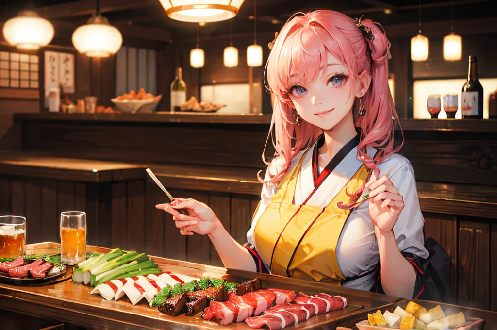 Photorealistic、Highest quality、Highest Resolution、Highest quality、８Ｋ、Beautiful woman、whole body、They are grilling delicious looking yakiniku.、smile、Smile、looks fun、Izakaya、Beer 、cheers、