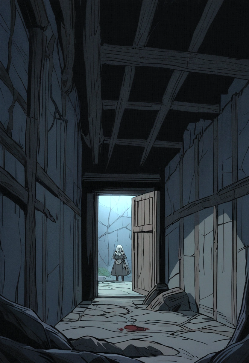 underground location, basement, traces of blood on the walls, small window with bars at the top of the room, through which the light shines, The ceiling of the stone room is covered with cobwebs and tree roots, emphasis on the window, dark stone walls around, darkness, anime style, Manga, fantasy, Middle Ages, basement находится под зданием, the camera is aimed at the window and the light from it, dispelling the darkness of the room