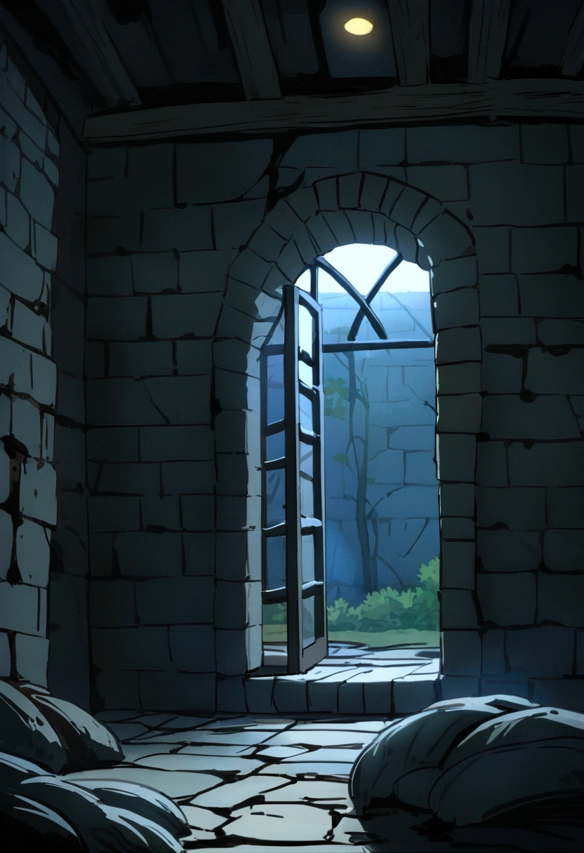 underground location, basement, traces of blood on the walls, small window with bars at the top of the room, through which the light shines, The ceiling of the stone room is covered with cobwebs and tree roots, emphasis on the window, dark stone walls around, darkness, anime style, Manga, fantasy, Middle Ages, basement находится под зданием, the camera is aimed at the window and the light from it, dispelling the darkness of the room