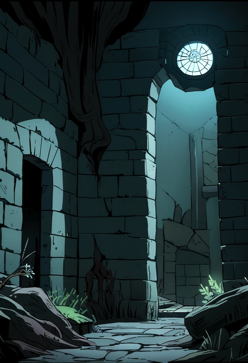 underground location, basement, traces of blood on the walls, small window with bars at the top of the room, through which the light shines, The ceiling of the stone room is covered with cobwebs and tree roots, emphasis on the window, dark stone walls around, darkness, anime style, Manga, fantasy, Middle Ages, basement находится под зданием, the camera is aimed at the window and the light from it, dispelling the darkness of the room