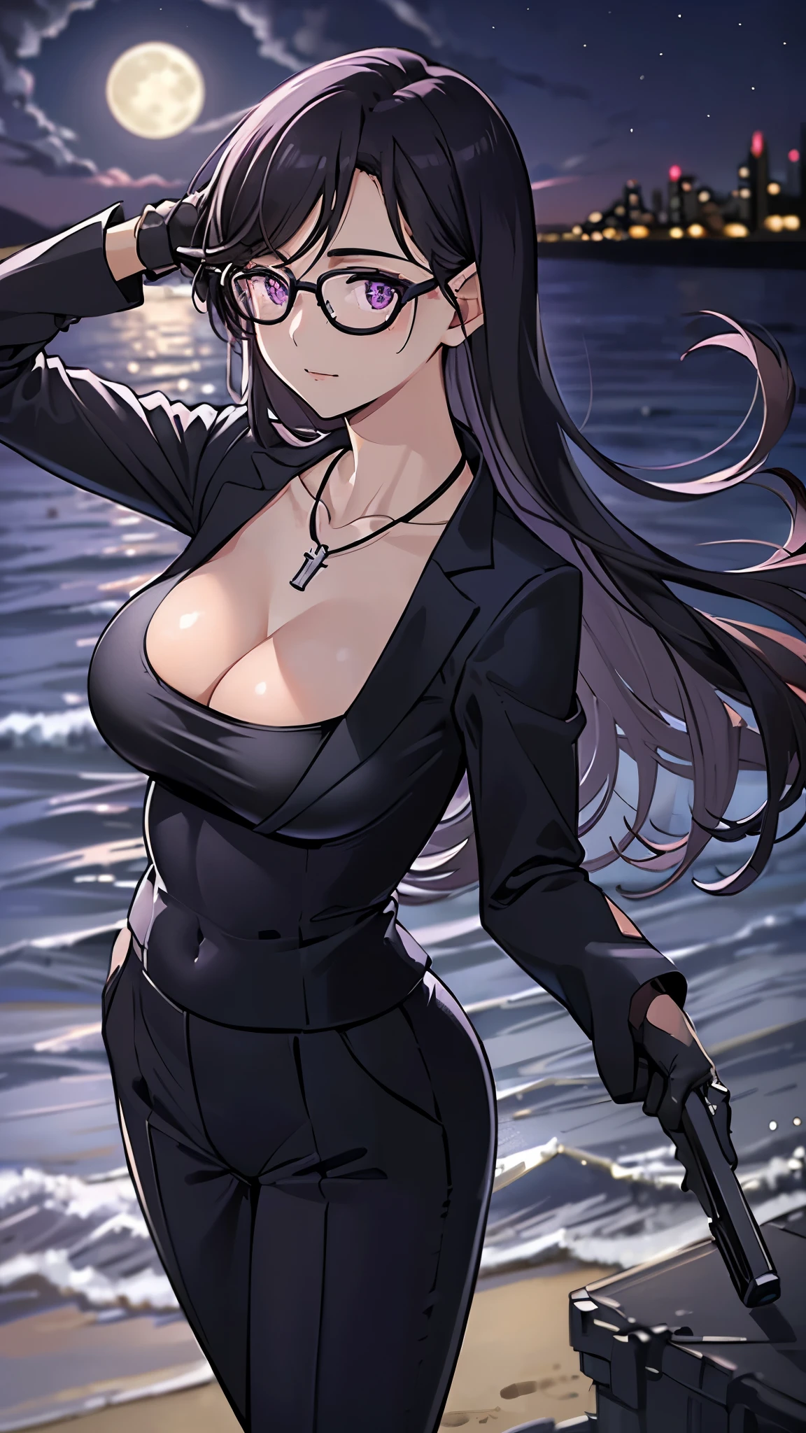 ((1 girl)), ((solo)), hizuru minakata, masterpiece, ultra detailed background, detailed, sharp focus, curvy body, looking at viewer, perfect fingers, mature woman, cowboy photo, dynamic pose, hair long, black hair, black glasses, purple eyes, smiling, seductive, standing,((outdoor, night, beach, sea, standing, moon, city lights)),((Necklace with a cross, cutout) navel, exposed navel, cleavage, long sleeves, jumpsuit, unzip dark purple jumpsuit, dark purple gloves, smile, holding gun, gun, gun, )), large breasts, medium waist, medium hips, wide thighs, butt round, ((solo)), facing forward, ((focus on breasts), pov (from above), perfect anatomy, perfect hands