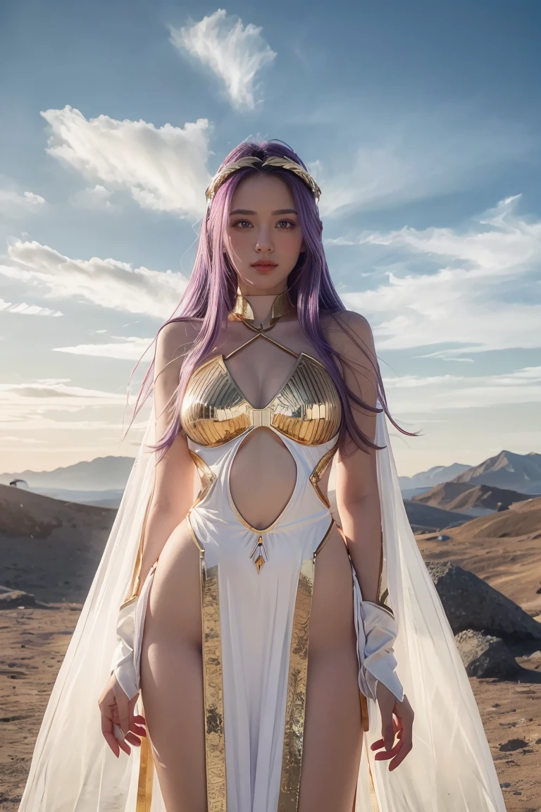 ((masterpiece, best quality, extremely detailed), volumetric lighting, ambient occlusion, colorful, glowing),
1girl, solo, young girl, (purple hair), long hair, halo, aura, sacred, goddess, cleric suit, (white outfit with gold detailst:1.3), angel wings,
outdoors, sunset, sky, clouds, space, (fantasy theme:1.2),