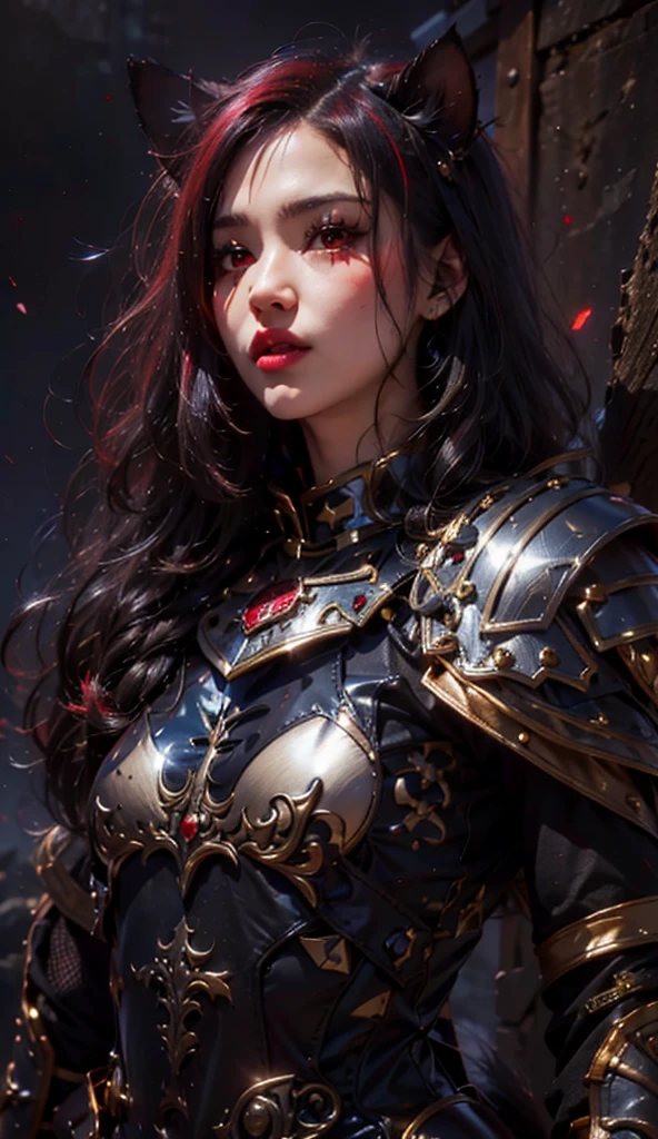 (junkotvv long hair with bangs and cat ears, Red eyes), Beauty girl in darker full armor