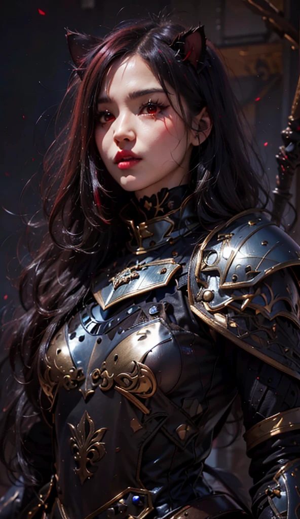 (junkotvv long hair with bangs and cat ears, Red eyes), Beauty girl in darker full armor