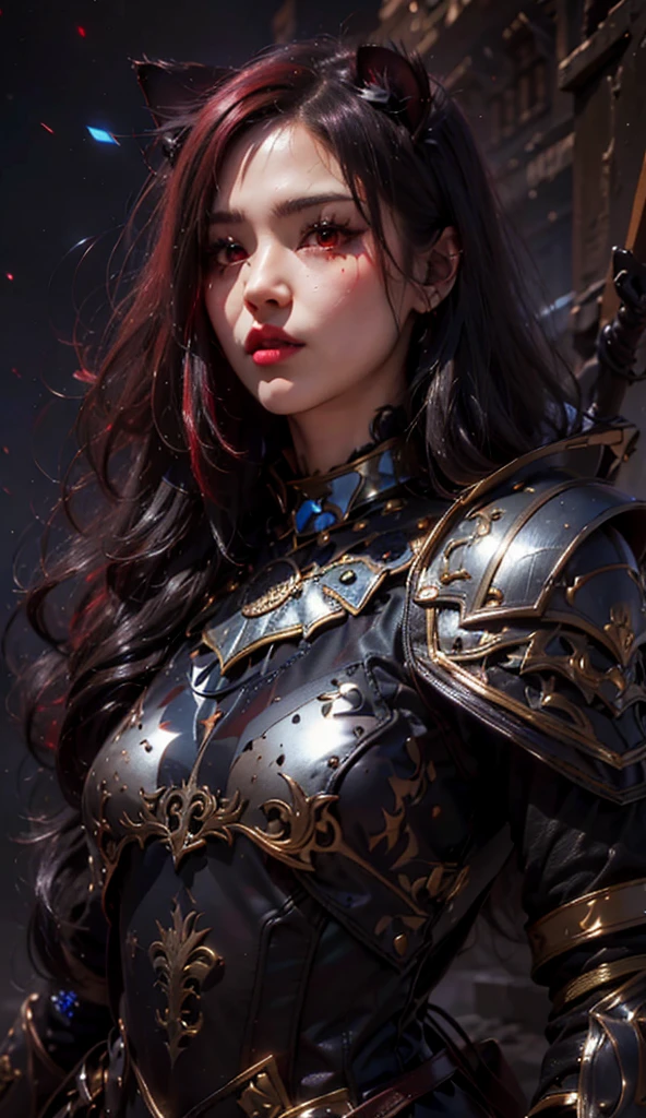 (junkotvv long hair with bangs and cat ears, Red eyes), Beauty girl in darker full armor