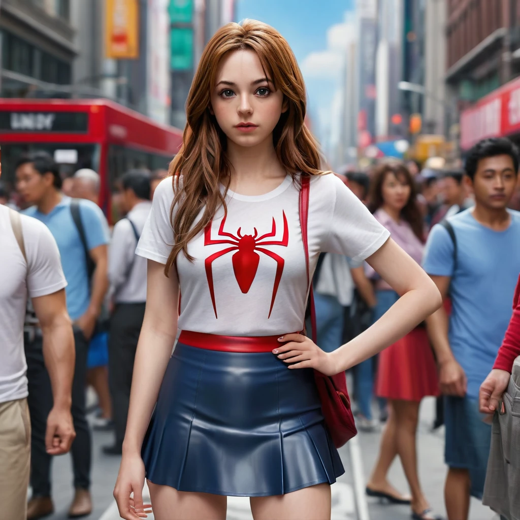 mary jane watson, 1girl, line up, extremely detailed CG unity 8k wallpaper, best quality, ultra-detailed, masterpiece, realistic, photo realistic, extremely detailed cute girl, 20years old, (((skirt lift by myself))), (lifted by self), panties , panties focus, blush, parted lips, looking at viewer, half body shot, (crowd), (crowded city) , messy long hair , spiderman t-shirt