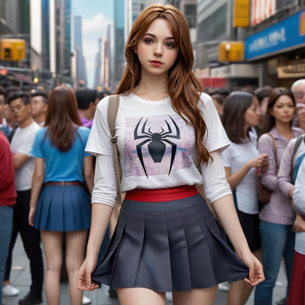 mary jane watson, 1girl, line up, extremely detailed CG unity 8k wallpaper, best quality, ultra-detailed, masterpiece, realistic, photo realistic, extremely detailed cute girl, 20years old, (((skirt lift by myself))), (lifted by self), panties , panties focus, blush, parted lips, looking at viewer, half body shot, (crowd), (crowded city) , messy long hair , spiderman t-shirt