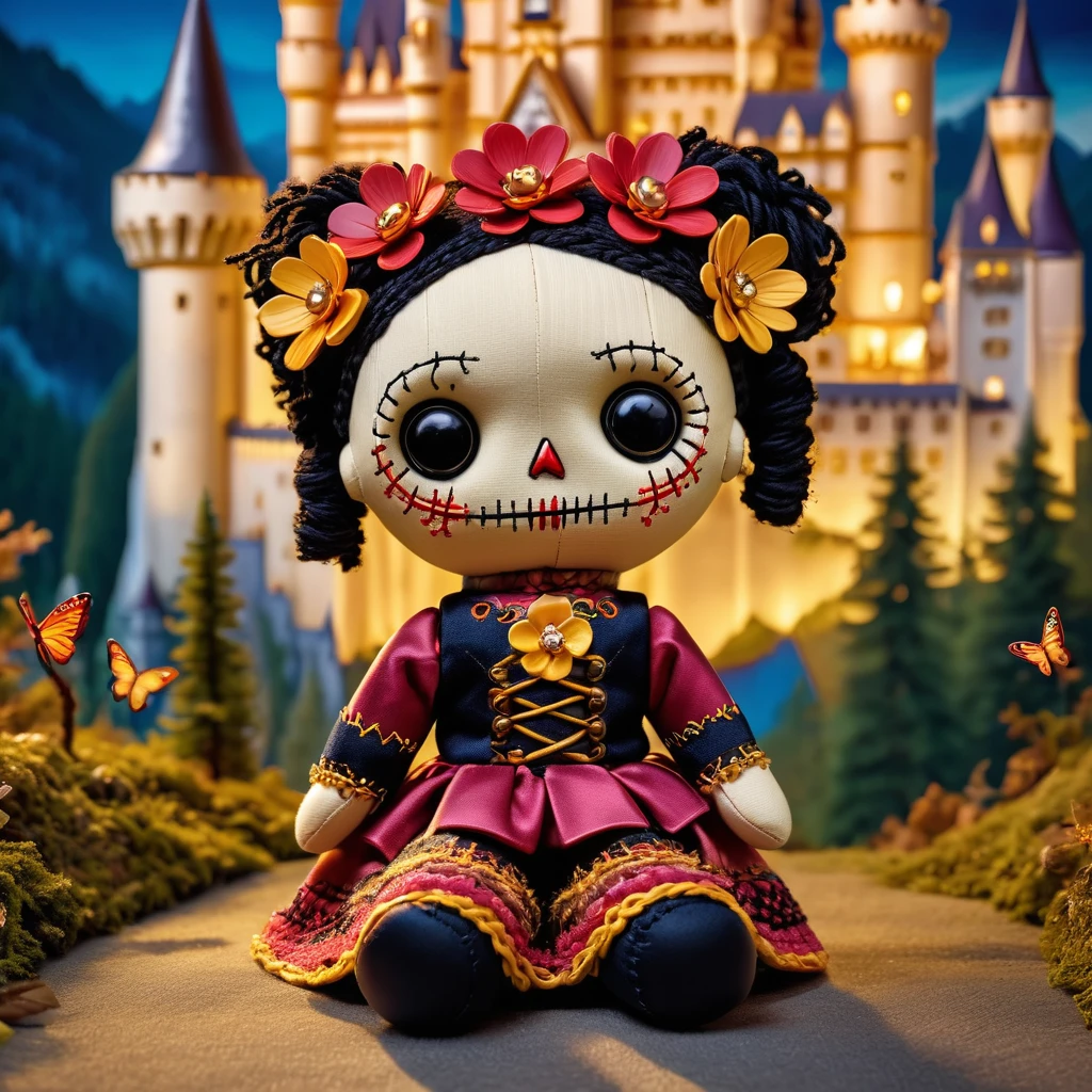 (knitted toy voodoo doll:1.7), (Voodoo doll:1.3), (Clothing: traditional Bavarian outfit with floral pattern:1.0), (Accessories: enchanted pretzel emitting golden light:1.1), (Background: fairytale Neuschwanstein castle with floating butterflies, glowing towers and sparkling forest:1.2), best quality, masterpiece, detailed soft oil painting, detailed background, dramatic cinematic lighting, soft edge lighting, professional, dramatic lighting, hard edge lighting, ultra quality, 4k,masterpiece, best quality, 8k, ultra highres, highres, extremely detailed