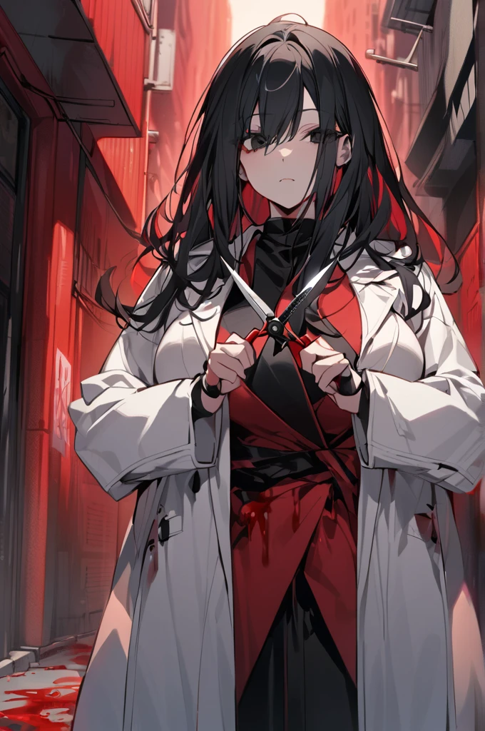 Tall Japanese woman, cut mouth, large breasts, very long black hair, Completely black eyes, dressed in a closed white overcoat, hands covered with bandages, holding crimson scissors, City alley background, red sky, blood dripping from scissors