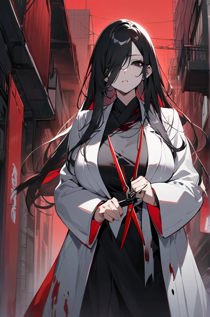 Tall Japanese woman, cut mouth, large breasts, very long black hair, Completely black eyes, dressed in a closed white overcoat, hands covered with bandages, holding crimson scissors, City alley background, red sky, blood dripping from scissors