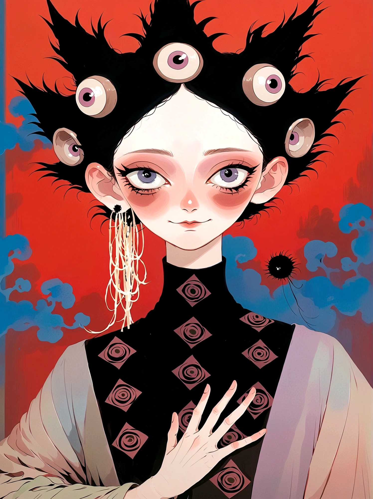 3 eyes,girl,Many eyes on a tall hat,Japanese clothing,Japanese horror style Japanese pop surrealism, author:Yukika Kosaka, Nguyen Gia and Joao Nguyen,