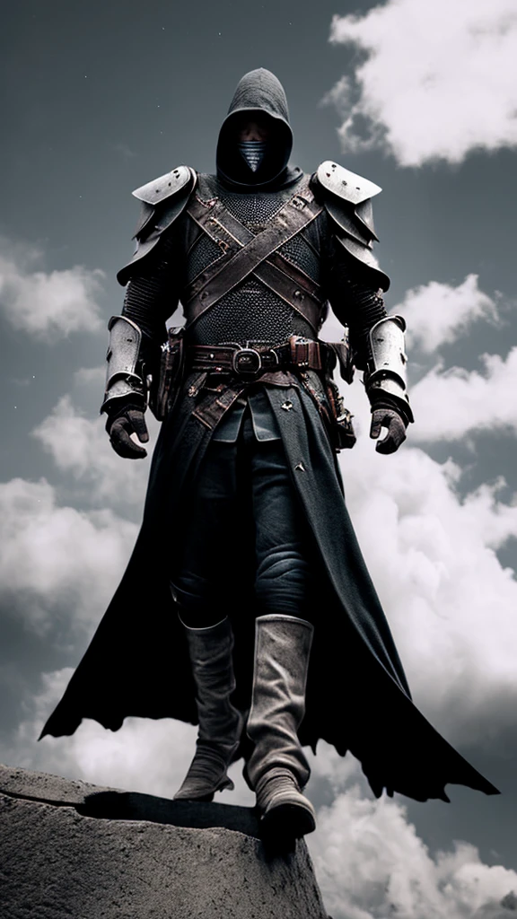a knight , (black and purple armour), cinematic lighting, full body, long cloak, hooded assassin, black wings, ambient lighting, (best quality,4k,8k,highres,masterpiece:1.2),ultra-detailed,(realistic,photorealistic,photo-realistic:1.37),(,blue eyes),dramatic composition,intricate details,moody atmosphere,chiaroscuro lighting,dynamic pose,powerful presence