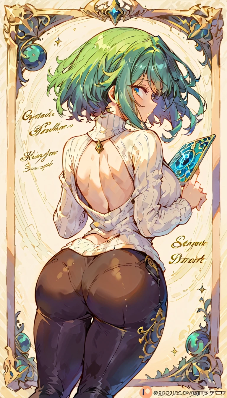 tarot card for a company logo, borders, tiled, a woman, back view of woman, big butt, sweater, leather pants, text, script, sub-script, blue, black, overly green, steely