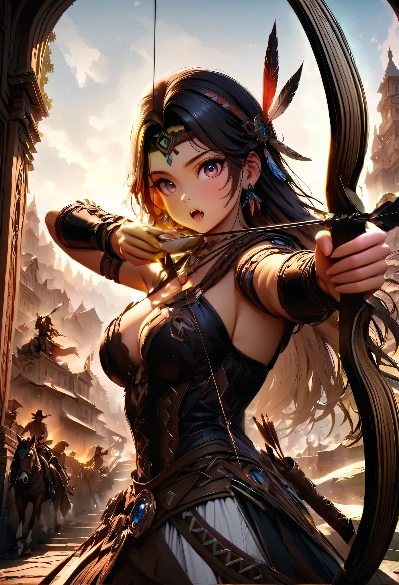 quality\(8k,wallpaper of extremely detailed CG unit, ​masterpiece,hight resolution,top-quality,top-quality real texture skin,hyper realisitic,increase the resolution,RAW photos,best qualtiy,highly detailed,the wallpaper,cinematic lighting,ray trace,golden ratio\), BREAK ,Native American female archer\(cute,beautiful,age of 18,muscular,(aiming a wooden bow:1.5),dark skin,dark floating hair,dark shiny eyes,big eyes,face with strong will,leather dress\(fringe, glass beads\),indian cape\(fringe, glass beads\), war bonnets\(Native American feather crown\),shiny dark fresh skin,breast,necklace\(lots of fangs),indian moccasins,glass bead earrings) 