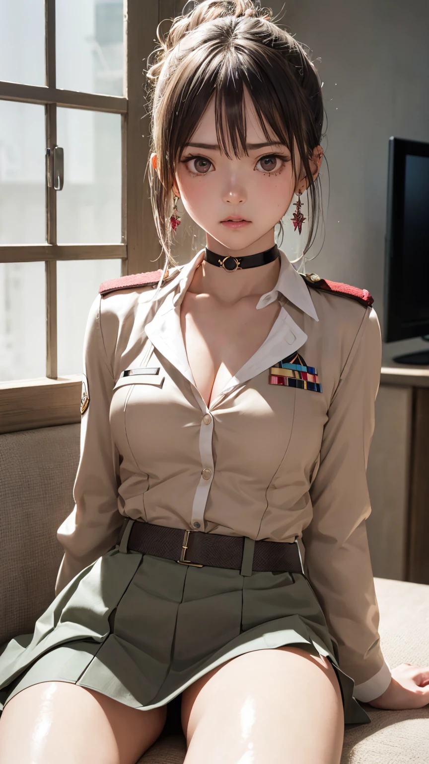 (masterpiece: 1.3), (Maximum resolution: 1.2), (Ultra HD TV: 1.2), Cinematic Light, 8K resolution, Detailed facial features , (Sharp focus: 1.2),Perfect Style, Beautiful Face, Acura, Anatomically correct, Highly detailed face and skin quality感, Beautiful Eyes,ThroughkBright Eyes, Natural Cheeks, Glowing Skin, (Glossy Lips: 1.4),、 (A shameful expression: 1.2),Highly detailed face and skin quality, Natural Cheeks, , Glossy Lips,Exposed cleavage、(White mucus on chest:1.6)(White mucus on thighs:1.6)、、Humiliating、shame、Please open your knees、dissatisfaction、anger、tears、sorrow、Glaring at the camera、Spread your legs、、Sparkly little earrings、Disheveled clothes、、Drenched in sweat、 woman,1 person、blonde、Blonde、Blue-gray eyes、Green-gray eyes,(Miniskirt military summer uniform:1.4)、choker、dissatisfaction、Masturbate、Beautiful nipples exposed、Soft Breasts、Healthy legs、Bare thighs、lean on the sofa with your knees raised、Holding a pen、ペンをwoman器の穴に入れる、露出したwoman器、Bare crotch、nude crotch,nude hip,nude legs、襞襞のwoman器、woman器から流れ出る白い液体、Small eyes