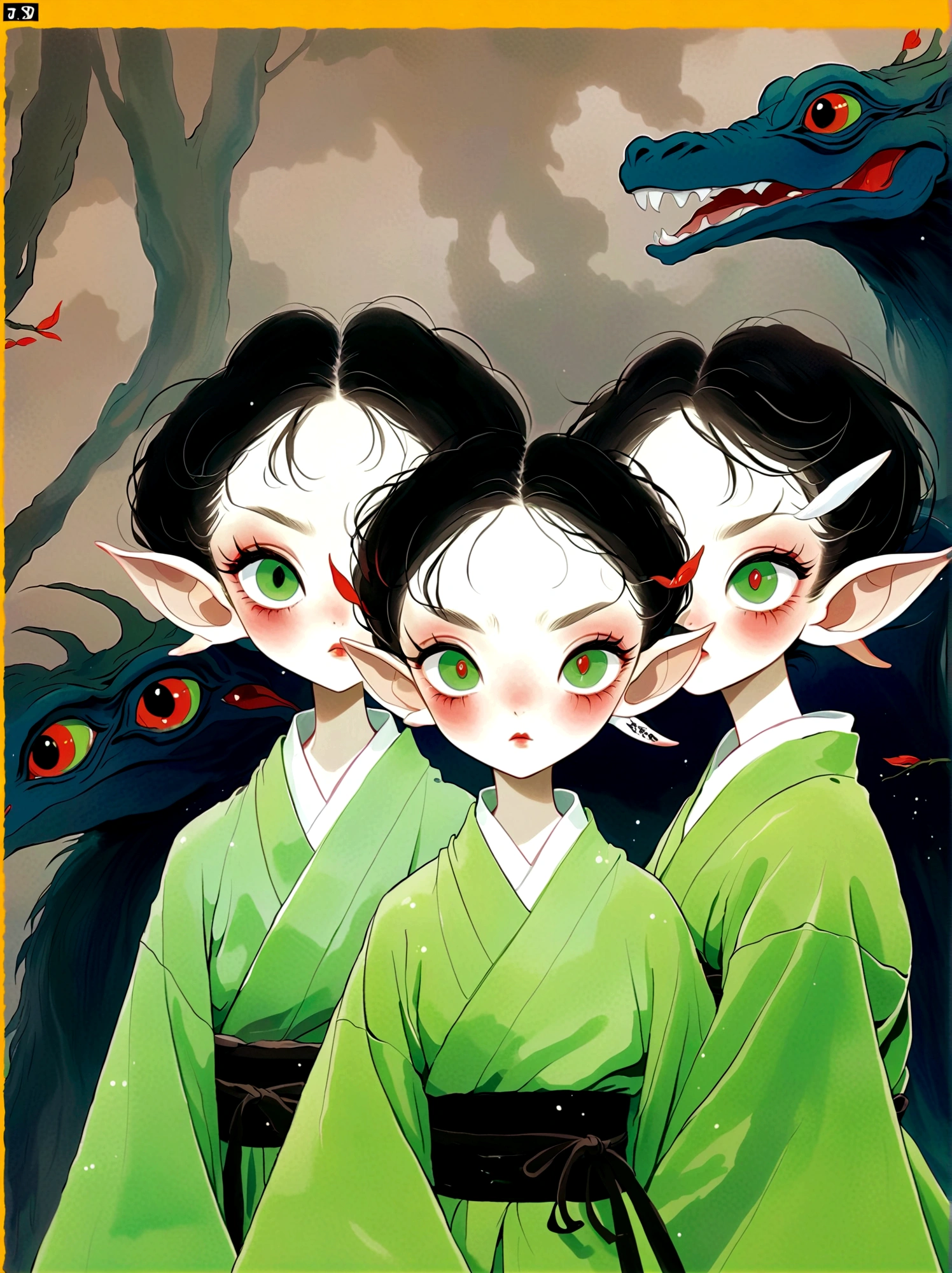 2 boys，Elf ears，Red eyes，Green Japanese Kimono，Eyes on forehead，Japanese horror style 
