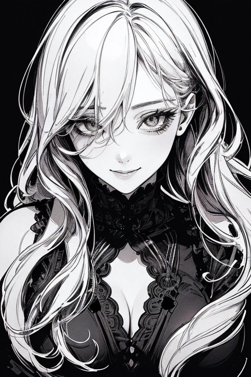 masterpiece、８K、Highest quality, (Background details), High Contrast, Very beautiful woman, Detailed original illustration、functional、Delicate face、Charm、Villainess、sexy、Real breasts、Crazy Smile, Crazy Eyes,  Round eyes、Head close-up, Black background, (Black background: 1.5), Beautiful line art、Monochrome