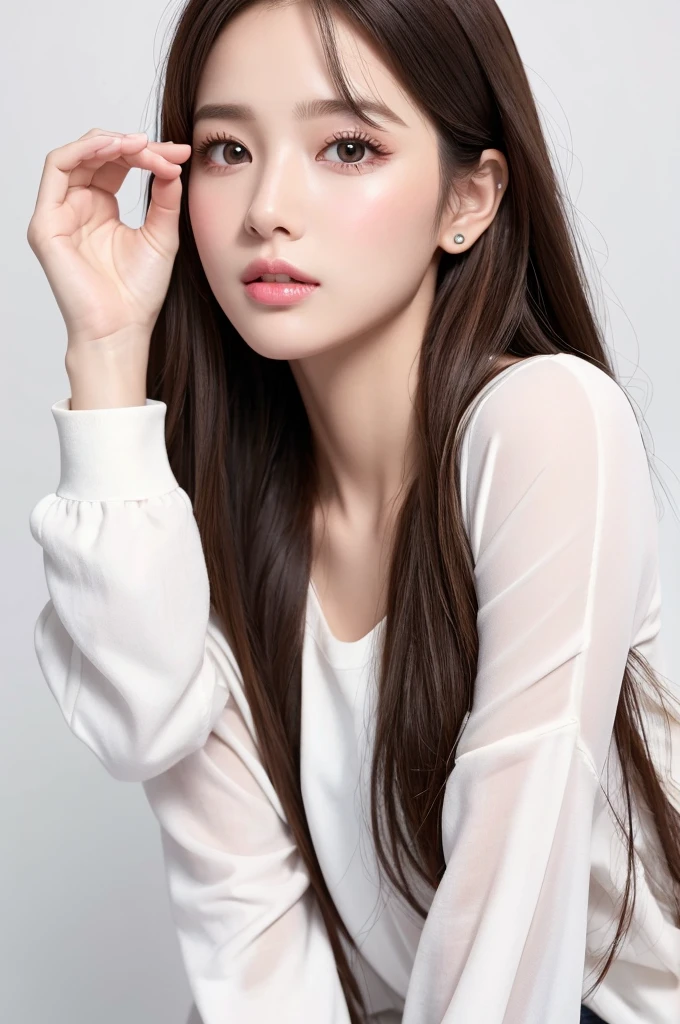 (Highest quality、Tabletop、8K、Best image quality、Award-winning works)、((profile:1.4))、ear、((Long Hair:1.46)),(Brown Hair)、(White casual clothes:1.2)、(The simplest pure white background:1.3)、(Perfectly fixed in front:1.1),(Portrait with Space:1.2)、Beautiful and exquisite、Perfect Makeup、Ultra-high definition beauty face、Ultra HD Hair、Ultra HD Shining Eyes、Super high quality glossy lip、Accurate ???????、Very beautiful skin、(Pure white skin shining in ultra-high resolution:1.1)、(Very bright:1.2),Big Natural Color Lip、Lip gloss,Harajuku、cute、cute美人