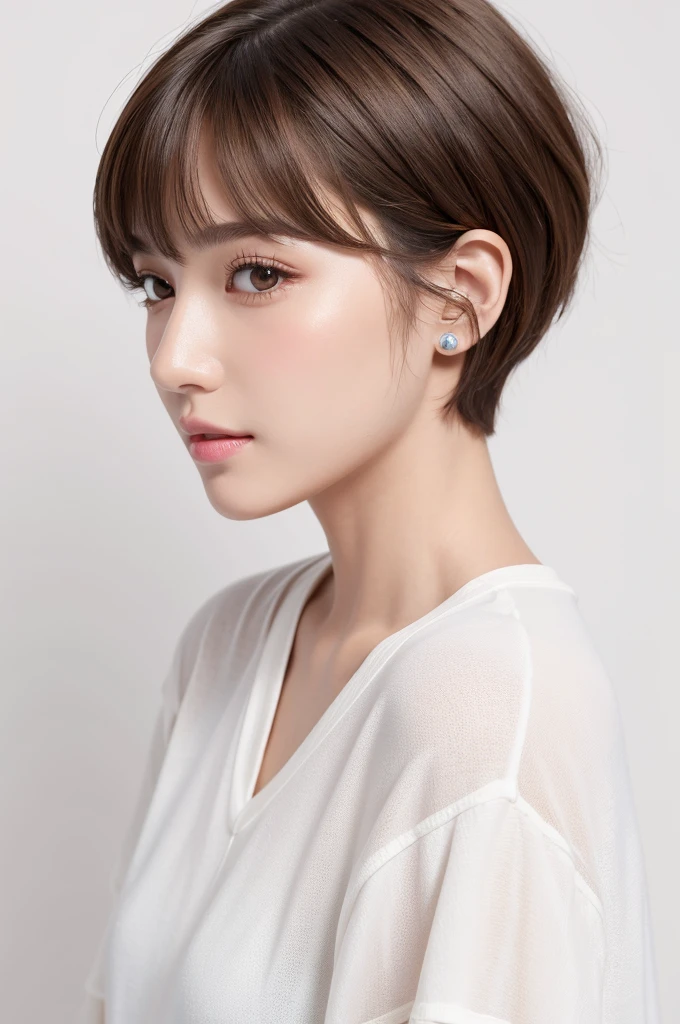(Highest quality、Tabletop、8K、Best image quality、Award-winning works)、((profile:1.4))、ear、((short hair:1.46)),(Brown Hair)、(White casual clothes:1.2)、(The simplest pure white background:1.3)、(Perfectly fixed in front:1.1),(Portrait with Space:1.2)、Beautiful and exquisite、Perfect Makeup、Ultra-high definition beauty face、Ultra HD Hair、Ultra HD Shining Eyes、Super high quality glossy lip、Accurate anatomy、Very beautiful skin、(Pure white skin shining in ultra-high resolution:1.1)、(Very bright:1.2),Big Natural Color Lip、Lip gloss,Harajuku、cute、cute美人