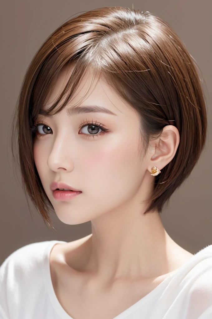 (Highest quality、Tabletop、8K、Best image quality、Award-winning works)、((profile:1.4))、ear、((short hair:1.46)),(Brown Hair)、(White casual clothes:1.2)、(The simplest pure white background:1.3)、(Perfectly fixed in front:1.1),(Portrait with Space:1.2)、Beautiful and exquisite、Perfect Makeup、Ultra-high definition beauty face、Ultra HD Hair、Ultra HD Shining Eyes、Super high quality glossy lip、Accurate anatomy、Very beautiful skin、(Pure white skin shining in ultra-high resolution:1.1)、(Very bright:1.2),Big Natural Color Lip、Lip gloss,Harajuku、cute、cute美人
