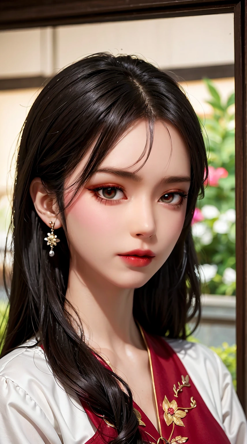 "1 beautiful girl in traditional dress, A long, thin, carefully sewn red and white silk dress, Low-cut shirt, Low slit, long black hair and bangs,, The most exquisite and beautiful hair jewelry, Create the most beautiful and perfect face, ((Black pupil:0.8)), Very beautiful eyes, Big round eyes, ((Brown eyes:1.1)), Beautiful and delicate makeup eyelashes, High nose, Earrings, Little red lips, Rosy Face, Beautiful face, Perfect beautiful face, Smooth white skin, ((Large Breasts: 0.9)), Bloom's Chest, ((Her breasts are large and very round: 0.9)), ((Super tight chest: 1.2)), ((Breast augmentation: 0.8)), Beautiful breasts, Slim and body, ((Narrow waist: 0, 9)), Beautiful girl upper body, Sexy Girl, Fishnet tights color-coordinated to match your outfit, 8K Photo, super high quality, Surreal, 10x Super Pixels, Realistic photo, Dark studio, Light background, two-tone Light, (Skin with attention to detail: 1.2), 8K Ultra HD, soft Light, high quality, volumetric Light, Realistic, High resolution photos, Light, Best Photos, Quality 4K, 8K, Smooth and sharp, 10x more pixels, Super Graphics, most Realistic graphics, (((Snowfall background: 1.6))), 1 Girl, alone, alone, ((Portrait Direct:1.2)), Very sharp, super Realistic images."