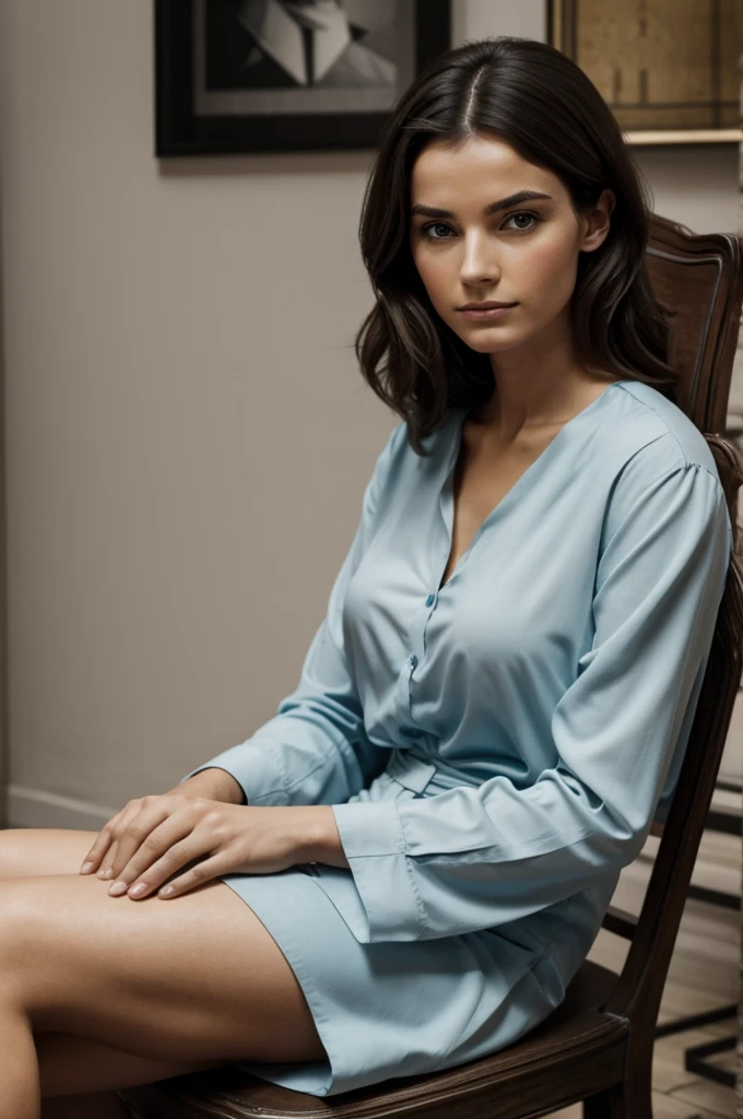 Une femme assise sur une chaise dans une pièce sombre avec les mains menottées avec un regard nerveux 