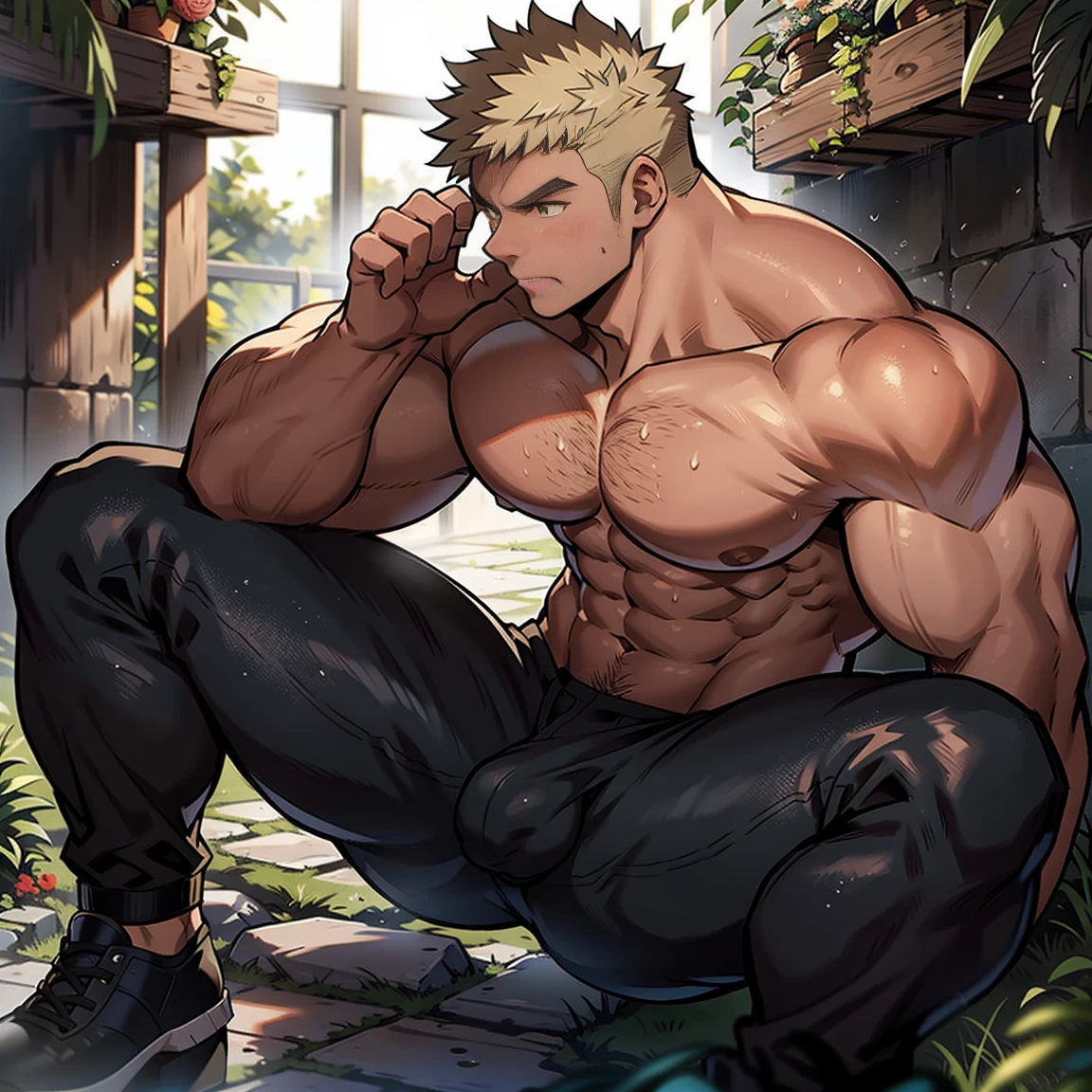 masterpiece, best quality, There is a cartoon,A man holding his crotch, muscular character, muscular male hero, muscular的姿势, muscular!, muscular!!, Medium shot of handsome guy, High resolution commissions, muscular! Medieval style, Super charming and cool, Heavy hand gesture style close-up, Very strong, muscular!!!, Muscle Man, muscular characters, muscular! , Open your mouth,Stick out your tongue, Ash-gold eyes, Delicate eyes, Light Blonde Gray Hair,Half naked,The background is the dungeon,groundwater,moss,Stone bricks,Moss stone,Pillar of Fire,sit on the floor,Look up at the camera,The legs were forked,Black pants,Crotch protrusion
