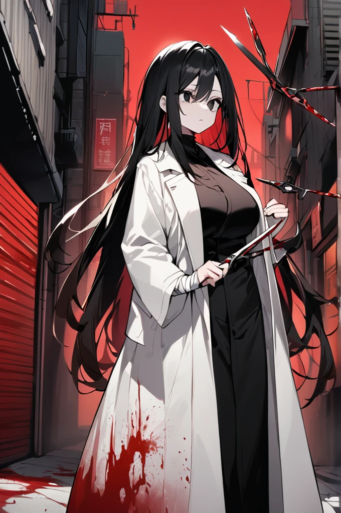 Tall Japanese woman, cut mouth, large breasts, very long black hair, Completely black eyes, dressed in a closed white overcoat, hands covered with bandages, holding crimson scissors, City alley background, red sky, blood dripping from scissors