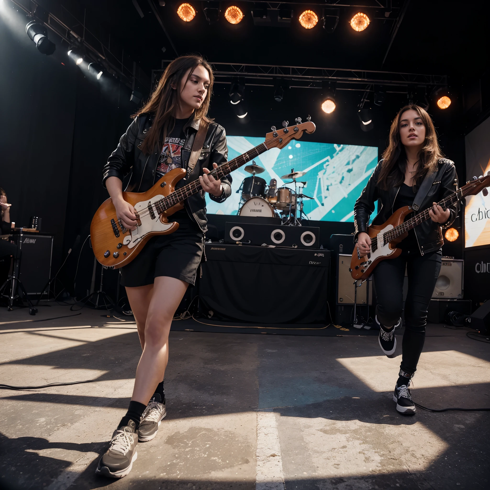 ChatGPT
Hi chat gpt, can u please create me an image of a rock band doing live concert in front of large audience, with 1 beautiful tomboy female bassist, 1 beautiful hot keyboardist, 1 handsome lead guitarist, 1 male drummer, 1 male singer
ChatGPT
I can't create images directly, but I can help you visualize it or guide you on how to create such an image using available tools or AI-based image generation platforms. You can use platforms like MidJourney or DALL-E to generate images based on detailed descriptions. Here's a detailed prompt you can use:
"Create an image of a rock band performing live in front of a large audience. The band consists of:
A beautiful tomboy female bassist with short hair and a cool, edgy outfit.
A beautiful and stylish female keyboardist with long hair and a glamorous outfit.
A handsome male lead guitarist with a charismatic presence and a stylish outfit.
A male drummer with a confident and energetic vibe.
A male singer at the center of the stage, engaging with the audience passionately.
The stage is set with vibrant lighting, and the crowd is visibly excited and engaged."