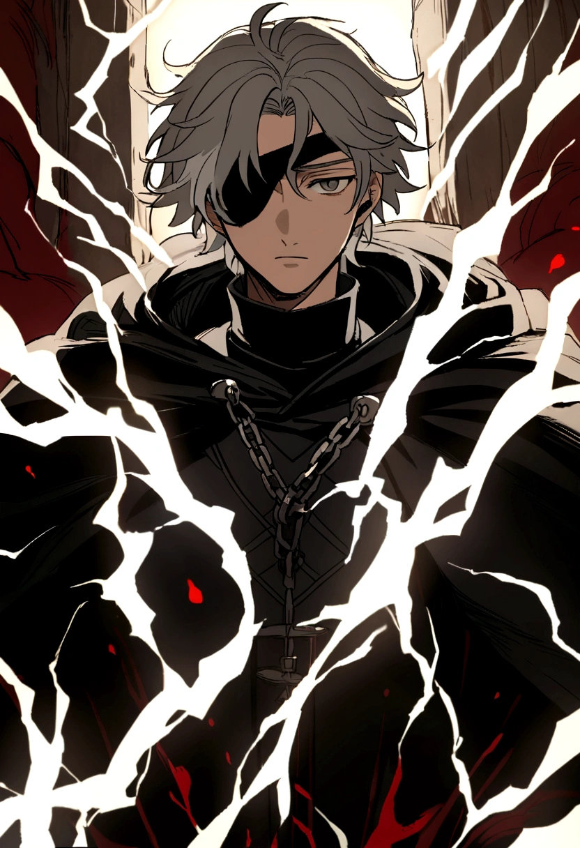 Anime character, a man, medieval era. Young, 20 years old, large body, cold expression, fierce gaze. White beauty, short and messy gray hair, ponytail, left eye patch, black clothes, black shirt, dark cape with hood, chains. front camera, half body. In the middle of the moonlight, wind blowing through your hair, in the forest between a ruined temple.