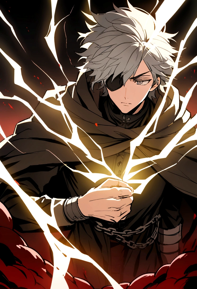 Anime character, a man, medieval era. Young man, 20 years old, large body, cold gaze, cold expression, messy short gray hair, ponytail, left eye patch, black clothes, black shirt, dark cape with hood, chains. front camera, advancing in a sea of blood. white electricity emanating from his body, black electricity emanating from his left hand. Right eye shining in a white ray. Thunderous white lightning