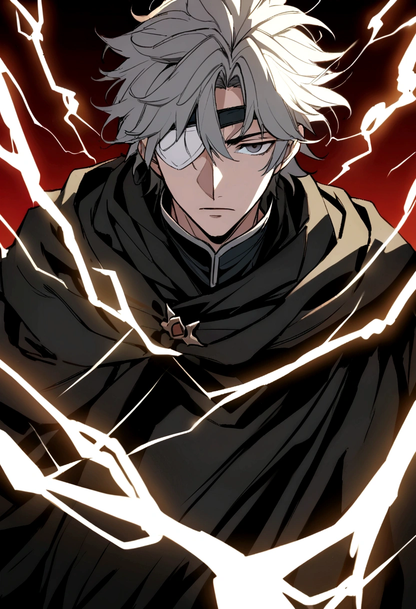 Anime character, a man, medieval era. Young man, 20 years old, large body, cold gaze, cold expression, messy short gray hair, ponytail, left eye patch, black clothes, black shirt, dark cape with hood, chains. front camera, advancing in a sea of blood. white electricity emanating from his body, black electricity emanating from his left hand. Right eye shining in a white ray. Thunderous white lightning