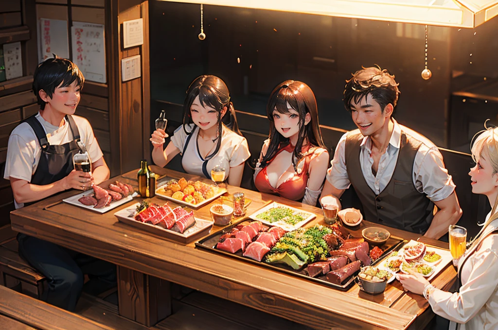 Photorealistic、Highest quality、Highest Resolution、Highest quality、８Ｋ、Beautiful woman、whole body、They are grilling delicious looking yakiniku.、smile、Smile、looks fun、Izakaya、Many customers、Beer 、cheers、Beer でcheers、