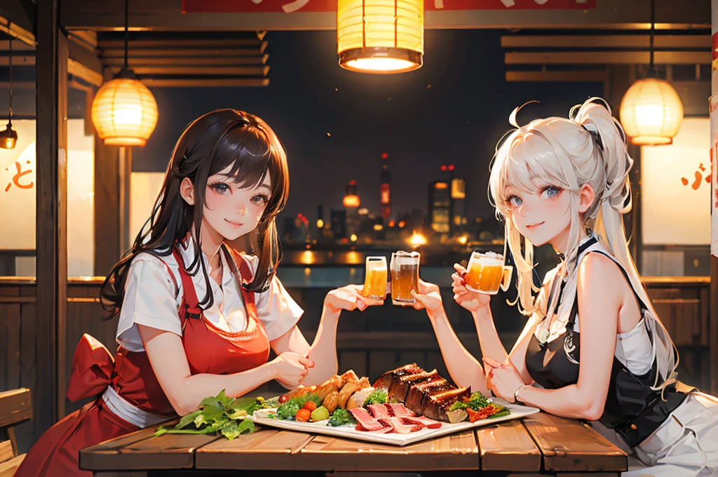 Photorealistic、Highest quality、Highest Resolution、Highest quality、８Ｋ、Beautiful woman、whole body、They are grilling delicious looking yakiniku.、smile、Smile、looks fun、Izakaya、Many customers、Beer 、cheers、Beer でcheers、